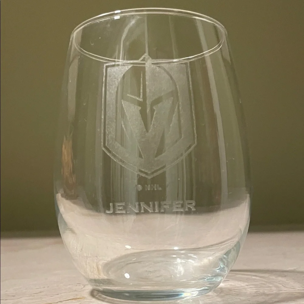 Vegas Golden Knights Engraved with name “Jennifer” Clear Stemless Wine Glass